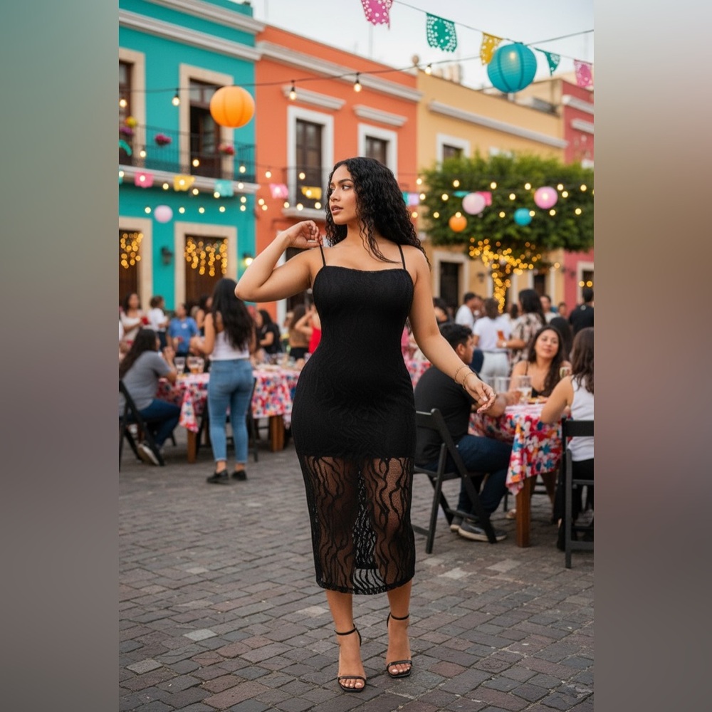 Elegant Black Sheer Midi Dress - Picture 4 of 7